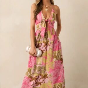 JUST PASSING THROUGH PINK TROPICAL PRINT MAXI DRESS